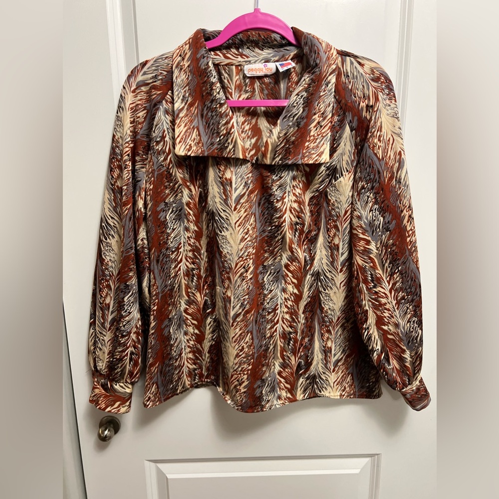Vintage 70’s Multi Color Brown Cream Print Top L